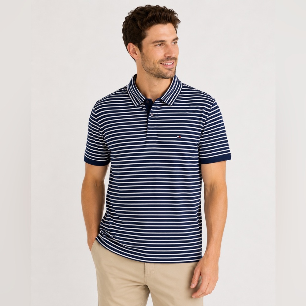 Tommy Hilfiger Polo Shirt Men’s Medium Blue White Striped Classic Fit Cotton